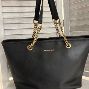 Michael Kors Black Jet Set Saffiano Chain Tote Bag Purse
